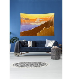 Dağın Zirvesi Deniz Manzaralı Leke Tutmaz Kadife Dokulu Kumaş Duvar Örtüsü Duvar Halısı Tapestry (KAHVE)