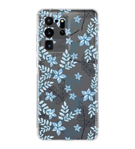 Samsung Galaxy S20 Ultra  Kamera Korumalı Kapak Floral Mavi Tasarımlı  Şeffaf Kılıf