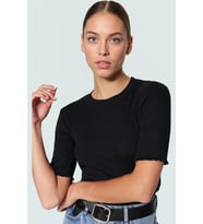 Pamuklu Polyester Elastan Karışımlı Fitted Bluz Bisiklet Yaka Kısa Kollu Yıkamalı
