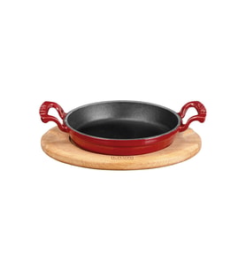 Lava Döküm Yuvarlak Sahan Döküm Demir Yekpare Çift Kulplu Kayın Servis Ahşabı. Çap(Ø)20cm. (Kırmızı)