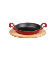 Lava Döküm Yuvarlak Sahan Döküm Demir Yekpare Çift Kulplu Kayın Servis Ahşabı. Çap(Ø)20cm. (Kırmızı)