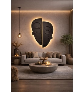 Led ışıklı Siyah Modern Duvar Dekoru İkili Bohem Mask 80x60 cm