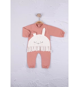 Tavşan Nakışlı Güpürlü % 100 Pamuk Kız Bebek Tulum (Pembe)