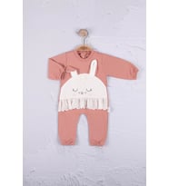 Tavşan Nakışlı Güpürlü % 100 Pamuk Kız Bebek Tulum (Pembe)