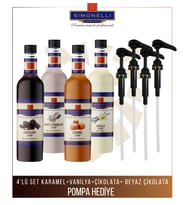Simonelli Kahve ve Kokteyl Şurubu 700 ml 4'lü Set Karamel+Vanilya+Çikolata+Beyaz Çikolata + 4 Adet Pompa