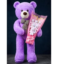 90cm Mor Büyük Peluş Ayıcık Pembe Ambalajlı Beyaz Ayıcık Buketi Kalp Detaylı Sevimli Peluş Hediye Seti Eşe Sevgiliye Özel