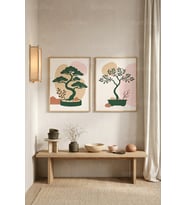 Minimalist Doğa Bonsai Ağaçları 2'li Ahşap Çerçeveli Tablo Seti