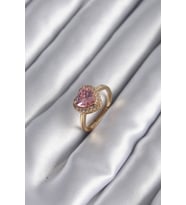Pirinç Gold Renk Pembe Zirkon Taş Kalp Charm Model Kadın Yüzük (Karışık)