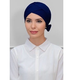 Lacivert Pratik Hazır Geçmeli Tesettür Bone Petekli Fiyonklu Çift Taraflı Tek Çapraz 1865_02