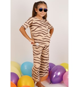KIZ ÇOCUK KAPRİLİ TAKIM ZEBRA BASKILI A83 (Açık Kahverengi)