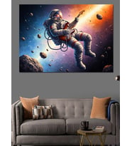 Uzayda Gitar Çalan Astronot İllüstrasyonu Dekoratif Kanvas - Mdf Ahşap Tablo