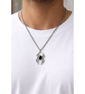 Siyah Taşlı Örümcek Kolye Gümüş Renk 60 cm Zincir Unisex Metal Aksesuar
