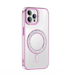 iPhone 12 Kılıf Pırlanta Taş Tasarımlı M-safe Şarj Özellikli Karetta Silikon Kılıf (Rose)