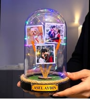 Kişiye Özel 3 Fotoğraflı & Yazılı Renkli Led Işıklı Fanus  Romantik ve Anlamlı Hediye