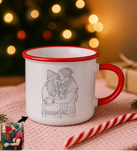 BK Gift Kişiye Özel Line Art Çizimli Kırmızı Emaye Kupa Bardak -1, Arkadaşa Hediye, Sevgiliye Hediye