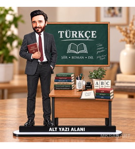 Kişiye Özel Erkek Türkçe Öğretmeni Karikatürlü 18 cm MDF Masaüstü Biblo - Öğretmen Hediyesi Öğretmene Özel Hediye