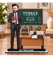 Kişiye Özel Erkek Türkçe Öğretmeni Karikatürlü 18 cm MDF Masaüstü Biblo - Öğretmen Hediyesi Öğretmene Özel Hediye