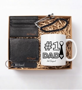 Kişiye Özel Erkek Cüzdan & Kartlık & Tesbih & Siyah Anahtarlık & #1 Dad Tasarımlı Kupa Bardak Hediye Seti, Babalar Günü Hediye Seti, Babaya Hediye, Erkeğe Hediye