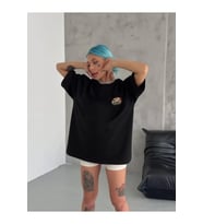 Unisex Bisiklet Yaka Baskılı Oversize T-Shirt - Siyah
