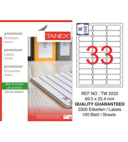 Tanex Lazer Etiket tw-2033 100 A4 Sayfa Laser Etiket 63,5 x 25,4 mm Boyutunda 1 A4 Sayfada 33 Etiket