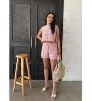 Kadın Yeşil Örgü Yazlık İkili Takım Crop Üst Ve Şort Bağlama Detaylı Set (Pembe)