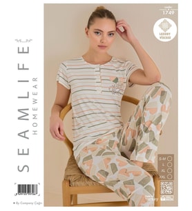 Seamlife Kadın Lüx Extra Yumuşak %100 Pamuk Viskon Kısa Kollu Pijama Takımı (Ekru)