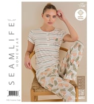 Seamlife Kadın Lüx Extra Yumuşak %100 Pamuk Viskon Kısa Kollu Pijama Takımı (Ekru)