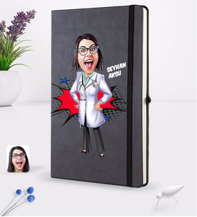 BK Gift Kişiye Özel Kadın Doktor Karikatürlü Siyah Termo Deri Defter 16x24cm Model 1