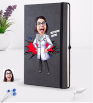 BK Gift Kişiye Özel Kadın Doktor Karikatürlü Siyah Termo Deri Defter 16x24cm Model 1