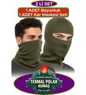 2'li Set HAKİ Polar Boyunluk Ve HAKİ Polar Kar Maskesi Unisex Kışlık Polar Termal Soğuk Hava Koruyuc