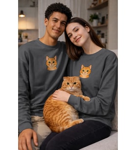 Sarman Kedi Desenli Sevgili Sweatshirt – Unisex Çift Kombini (Gri)