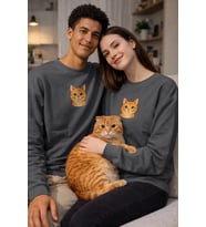 Sarman Kedi Desenli Sevgili Sweatshirt – Unisex Çift Kombini (Gri)
