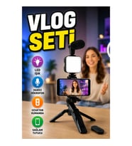Led Işıklı Telefon Video Çekim Kiti Mini Tripod Mikrofonlu Bluetooth Kumandalı Vlog Seti