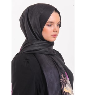 Çiçekli Desen Pavia Seri Şal Eşarp Askısı ile Birlikte 90X200 cm Siyah Mor-90X20