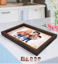 BK Gift Kişiye Özel Aile Karikatürlü Doğal Ahşap Tepsi-6