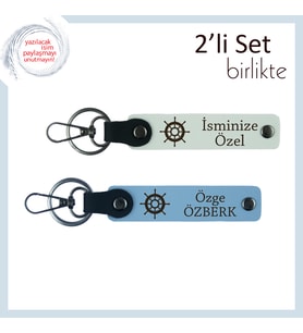 Gemi Dümencilerine Yakışır Hediye, Deri Anahtarlık Takımı, Kişiselleştirilebilir, Beyaz-Gök Mavi