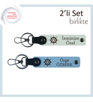 Gemi Dümencilerine Yakışır Hediye, Deri Anahtarlık Takımı, Kişiselleştirilebilir, Beyaz-Gök Mavi