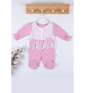 Gofralı Fransız Güpürlü % 100 Pamuk Kız Bebek Tulumu