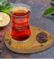 BK Gift Kişiye Özel Limon Tasarımlı Doğal Ahşap Tabaklı Heybeli Çay Bardağı Sunum Seti Model 2
