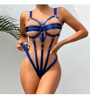 Saks Mavi Tanga Şerit Dikiş Halka Detaylı Backles Bodysuit Fetiş İç Çamaşırı