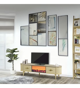 Maya Şömineli Tv Sehpası Cappuccino Gold Mebran Kapaklı 2 Kapaklı Yapay Alev Efektli 180x40x50 Cm