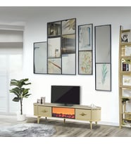 Maya Şömineli Tv Sehpası Cappuccino Gold Mebran Kapaklı 2 Kapaklı Yapay Alev Efektli 180x40x50 Cm