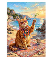 Kedi Plajda Kokteyl İçiyor Komik Dekoratif Kanvas - Mdf Ahşap Tablo