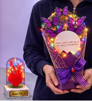 Led Işıklı Aynalı Mor Kelebek Buketi (Kişiye Özel Renkli Led Işıklı Fanus Hediyeli) (Model 7)