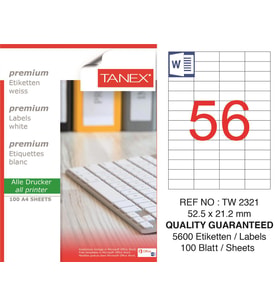 Tanex Lazer Etiket Tw-2321 100 A4 Sayfa Laser Etiket 52.5 x 21.2 mm Boyutunda 1 A4 Sayfada 56 Etiket