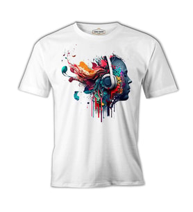 A Digital Person Listening to Music with Headphones Beyaz Erkek Tshirt