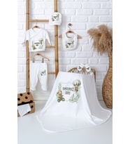 Pia Baby Premium İsme Özel %100 Pamuk Battaniyeli 5 Parça Zıbın Set Yenidoğan Erkek Bebek Hediyesi 5038-04 (Ekru)