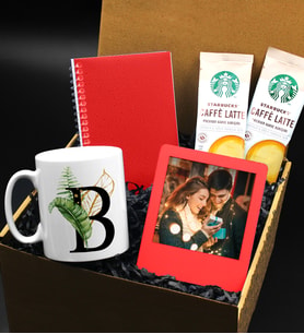 Kişiye Özel Harf Tasarım Kupa & 2'li Starbucks Latte & Kırmızı Defter & Kişiye Özel Kırmızı Ahşap Çerçeve