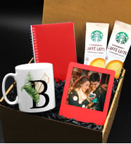 Kişiye Özel Harf Tasarım Kupa & 2'li Starbucks Latte & Kırmızı Defter & Kişiye Özel Kırmızı Ahşap Çerçeve