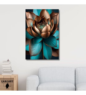 Tekli Dikey Kanvas Tablo Kahverengi Bakır Turkuaz Lotus Çiçeği